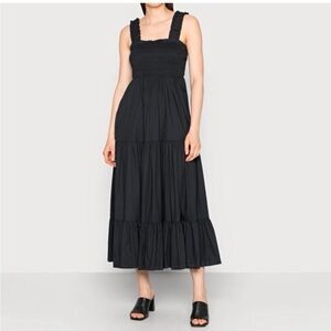 Smocked Bodice Black Tiered Midi Dress - Women